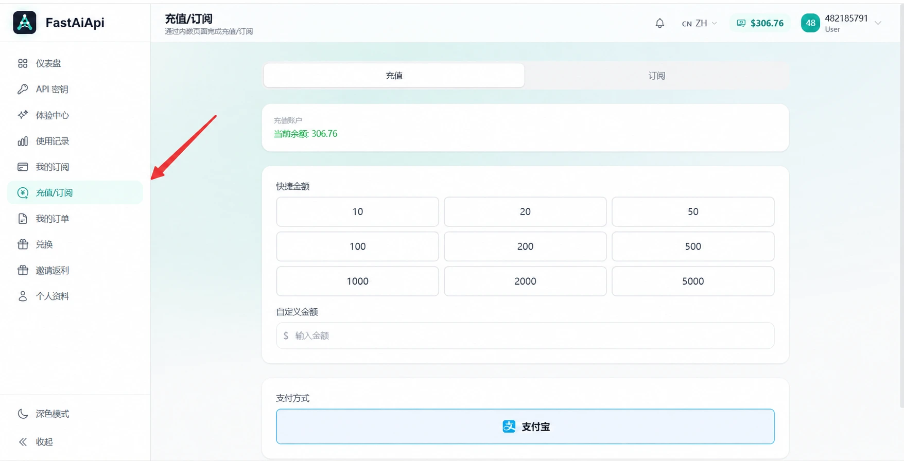 进入充值 / 订阅页面,核对当前方案